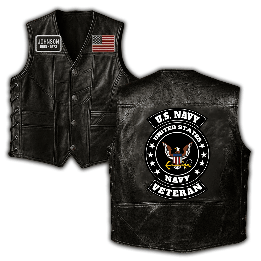 Premium US Navy Veterans Custom Leather Motor Vest VPVC702452, Gifts For Navy Veteran, Gifts On Father’s Day, Veterans Day
