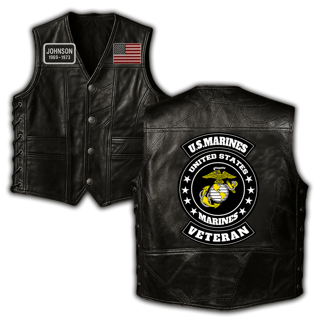 Premium USMC Veterans Custom Leather Motor Vest VPVC702453, Gifts For Marine Veteran, Gifts On Father’s Day, Veterans Day