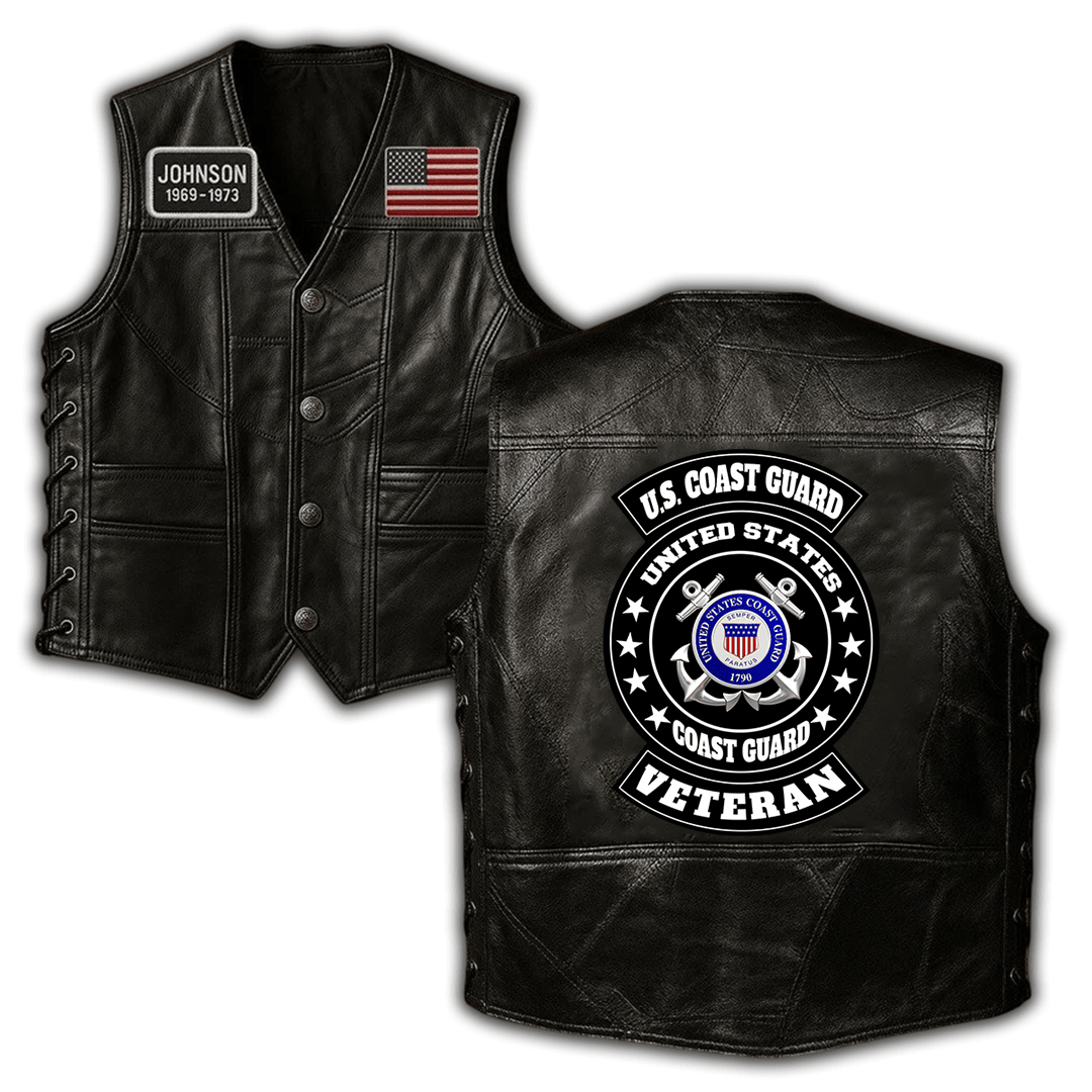 Premium USCG Veterans Custom Leather Motor Vest VPVC702455, Gifts For Coast Guard Veteran, Gifts On Father’s Day, Veterans Day