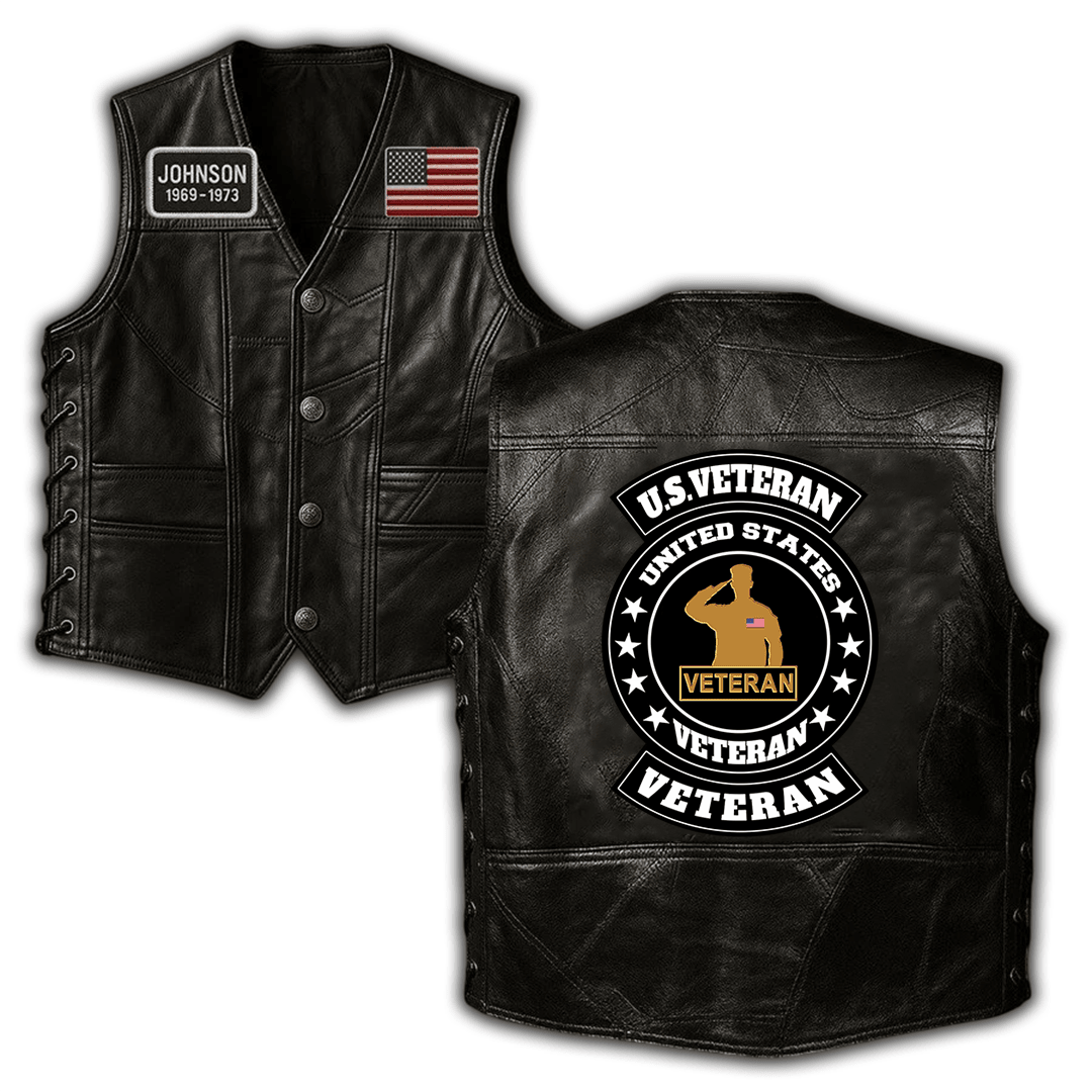 Premium US Veteran Custom Leather Motor Vest VPVC702457, Gifts For US Veteran, Gifts On Father’s Day, Veterans Day