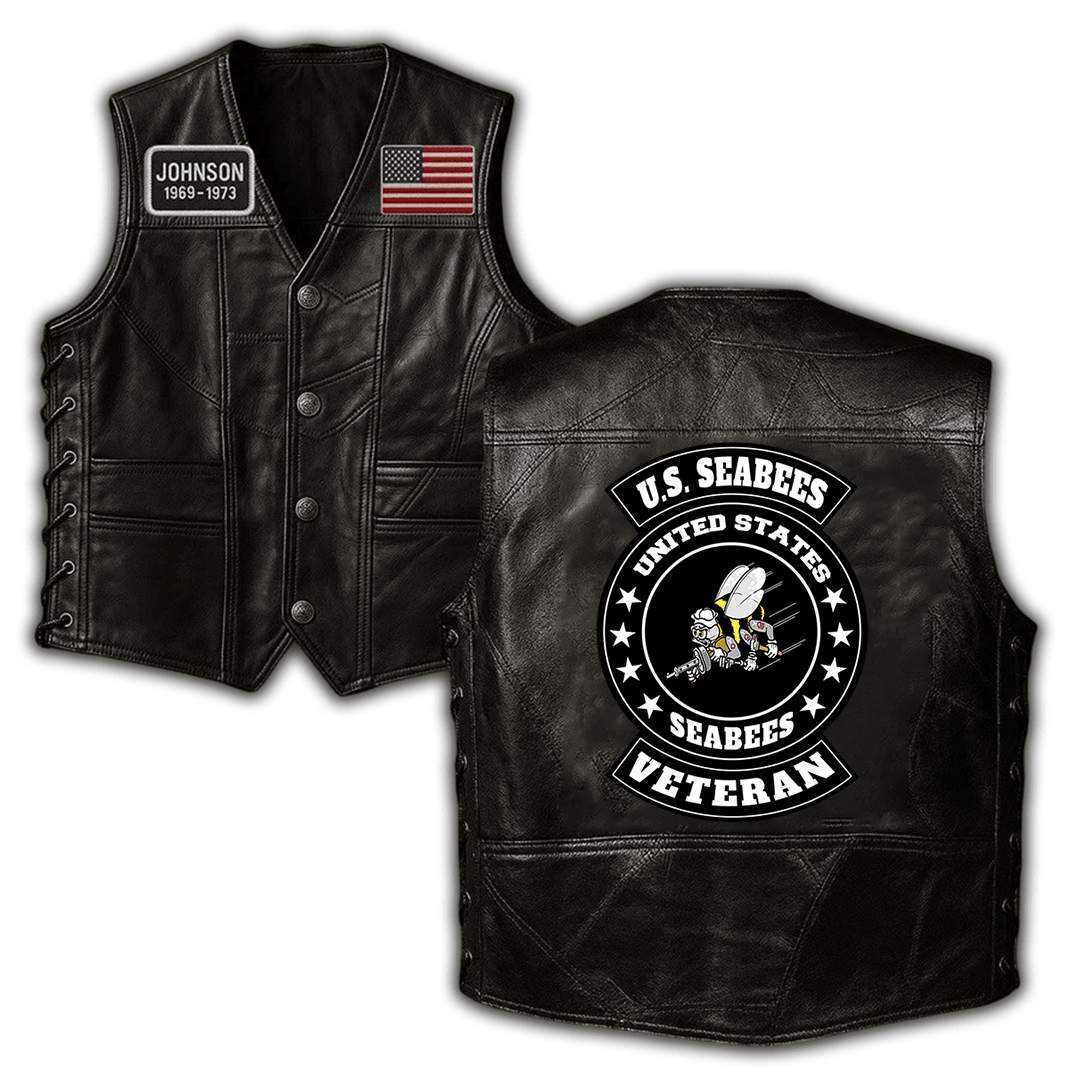 Premium US Seabees Veterans Custom Leather Motor Vest VPVC702459, Gifts For Seabees Veteran, Gifts On Father’s Day, Veterans Day