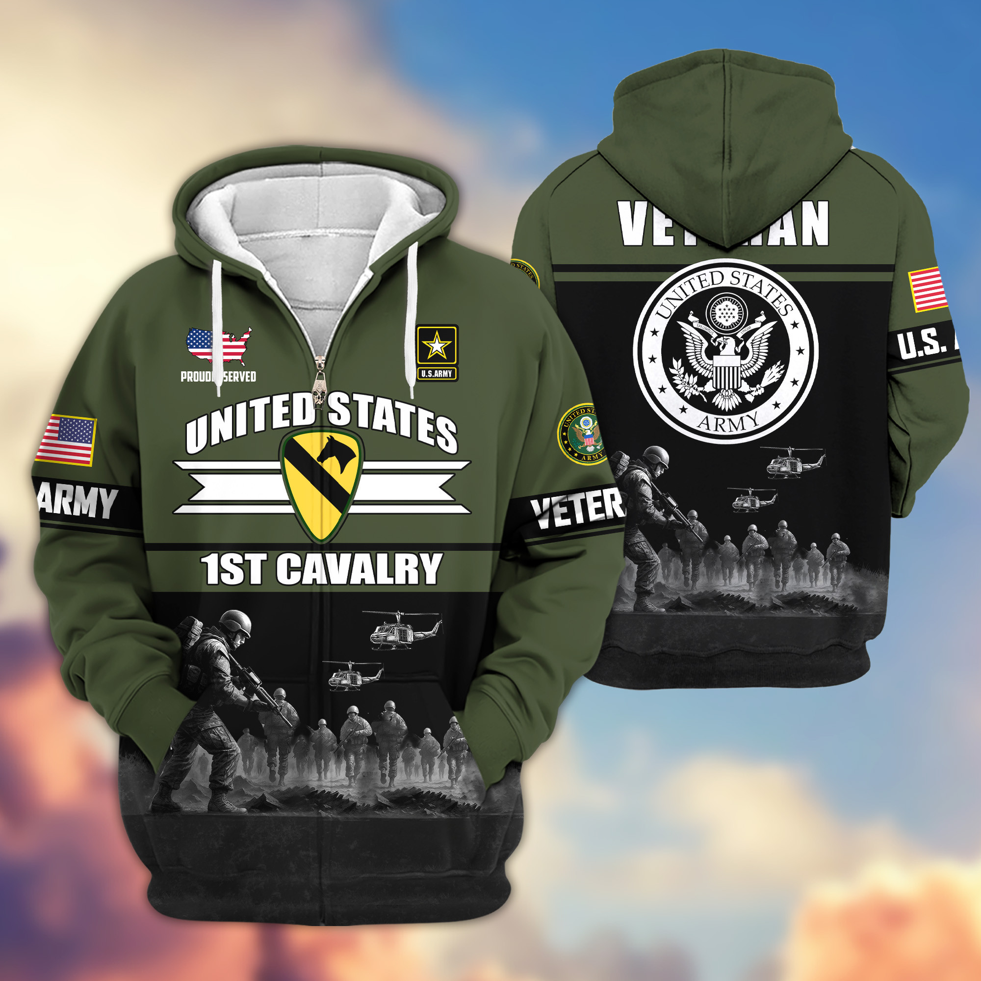 Premium 1st Cavalry Division Zip Up Hoodie VPVC620101, Gifts For Army Veteran, Gifts For Veterans Day