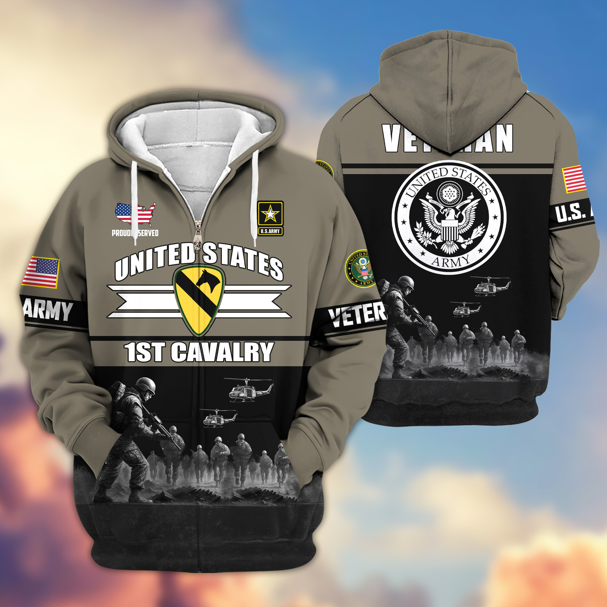 Premium 1st Cavalry Division Zip Up Hoodie VPVC620102, Gifts For Army Veteran, Gifts For Veterans Day