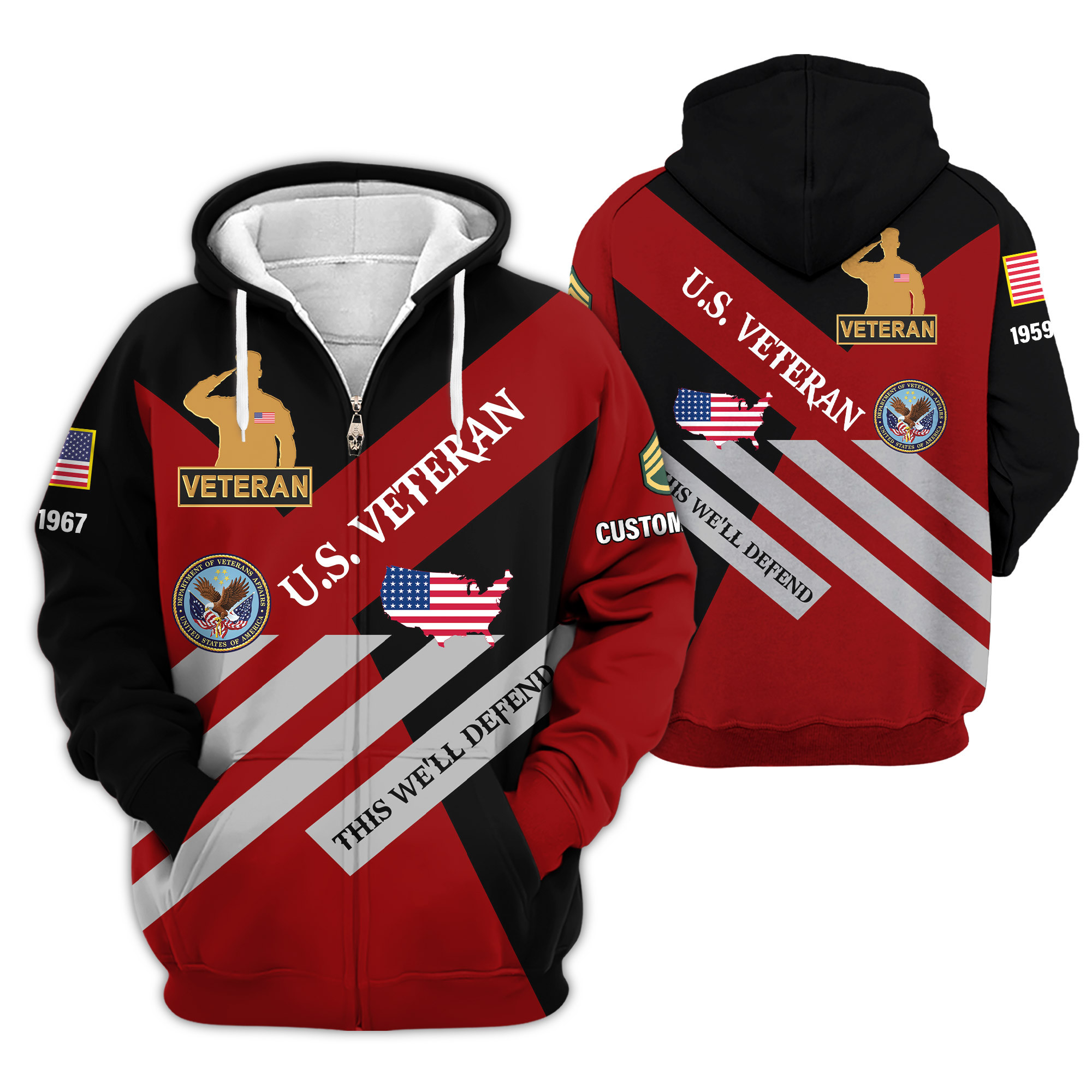 Premium Custom US Veteran Zip Up Hoodie VPVC609147, Gifts For US Veteran, Gifts For Veterans Day