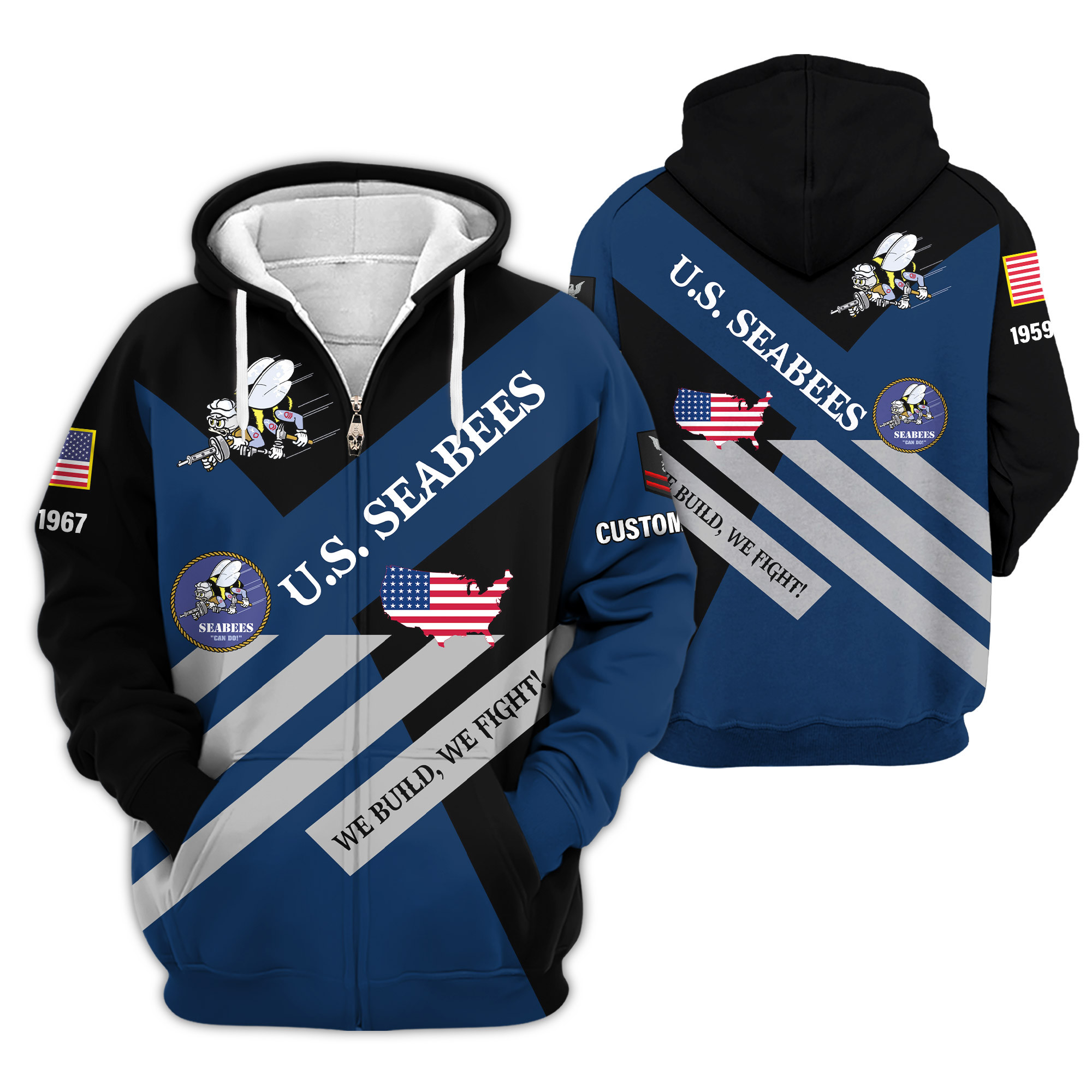 Premium Custom US Seabees Zip Up Hoodie VPVC609149, Gifts For Seabees Veteran, Gifts For Veterans Day