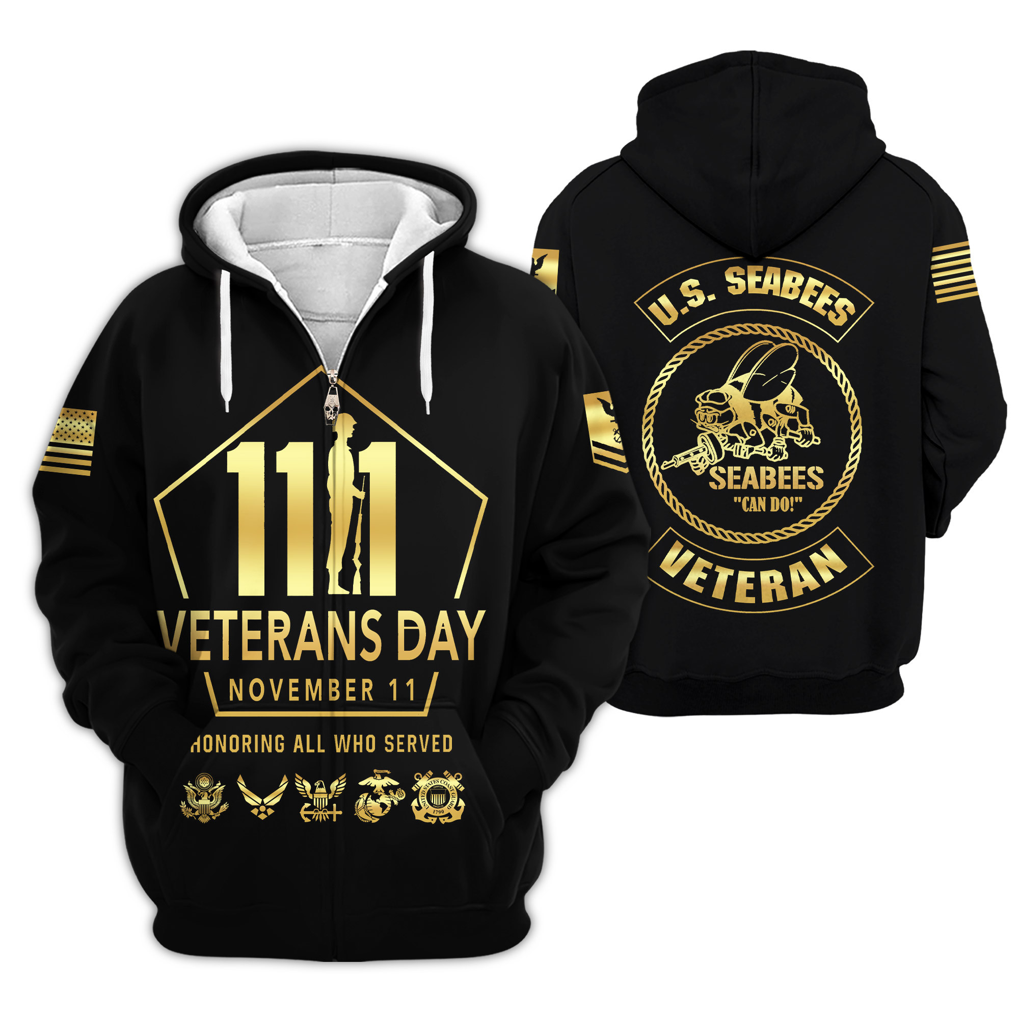 Premium Custom US Seabees Zip Up Hoodie VPVC609209, Gifts For Seabees Veteran, Gifts For Veterans Day