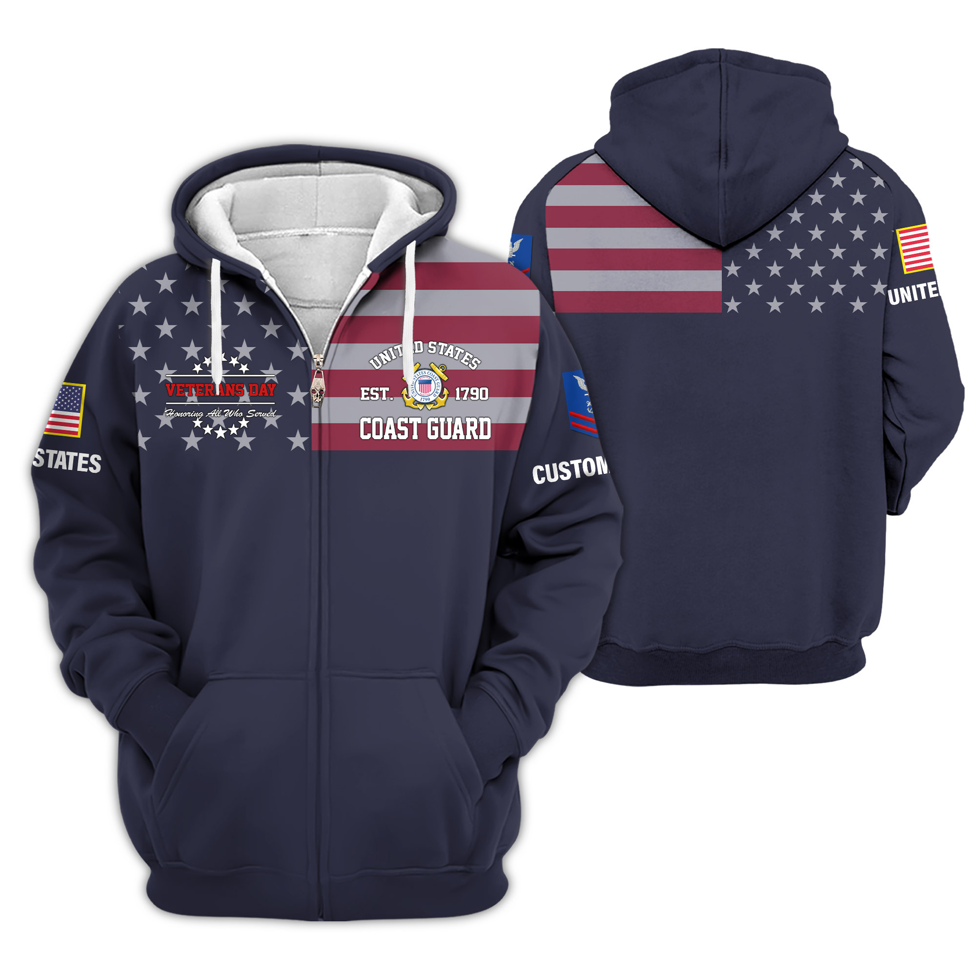 Premium Custom USCG Zip Up Hoodie VPVC609245, Gifts For Coast Guard Veteran, Gifts For Veterans Day