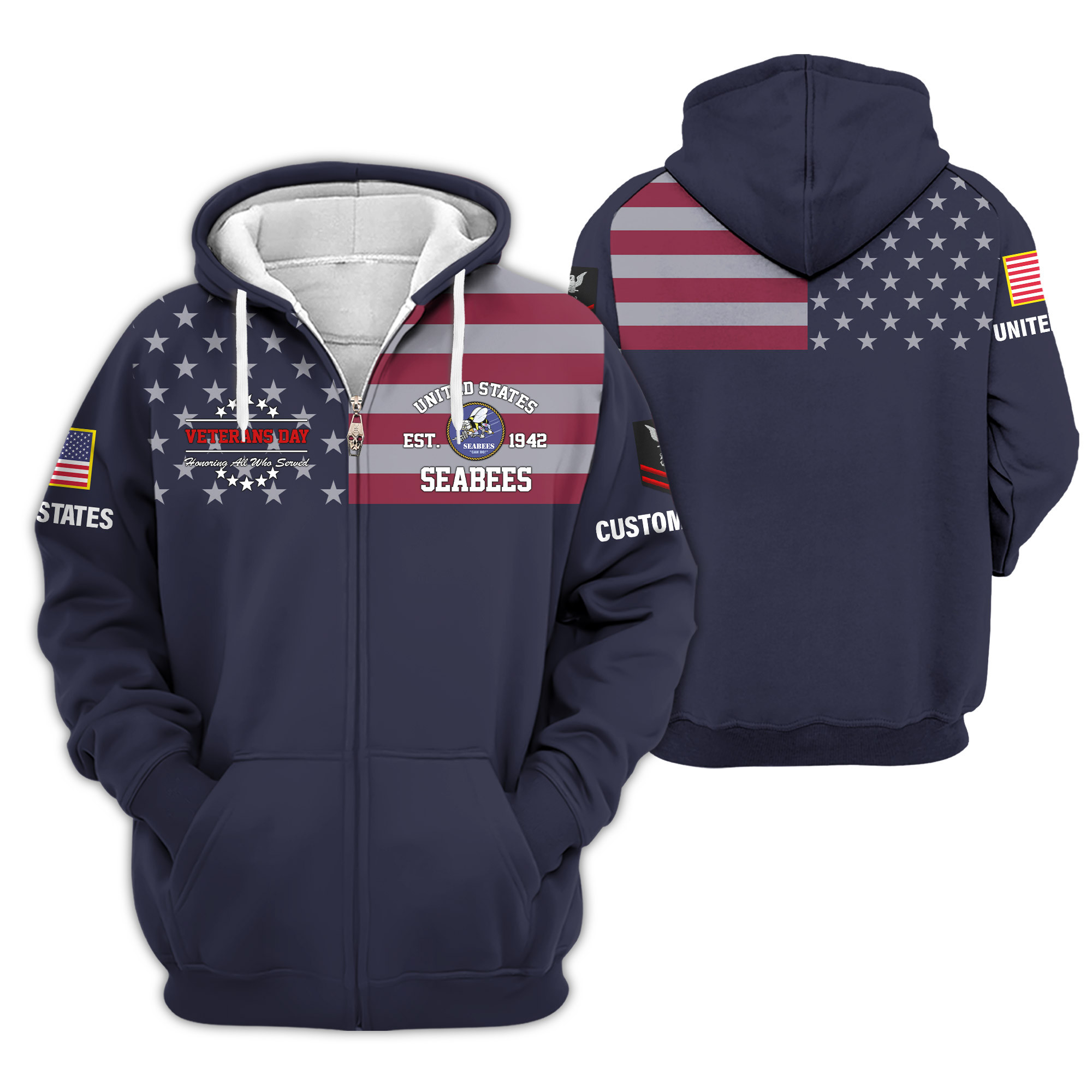 Premium Custom US Seabees Zip Up Hoodie VPVC609249, Gifts For Seabees Veteran, Gifts For Veterans Day