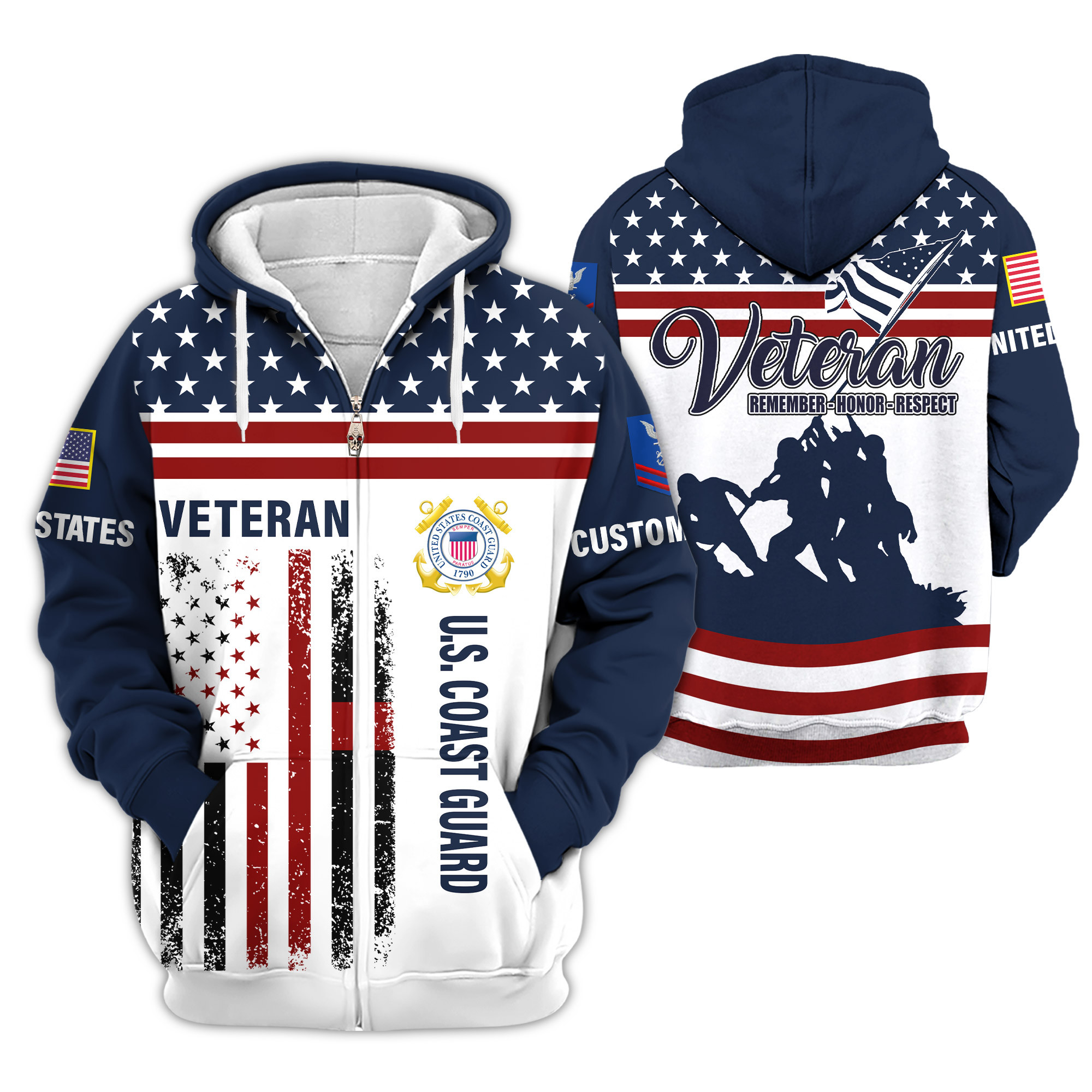 Premium Custom USCG Zip Up Hoodie VPVC609255, Gifts For Coast Guard Veteran, Gifts For Veterans Day