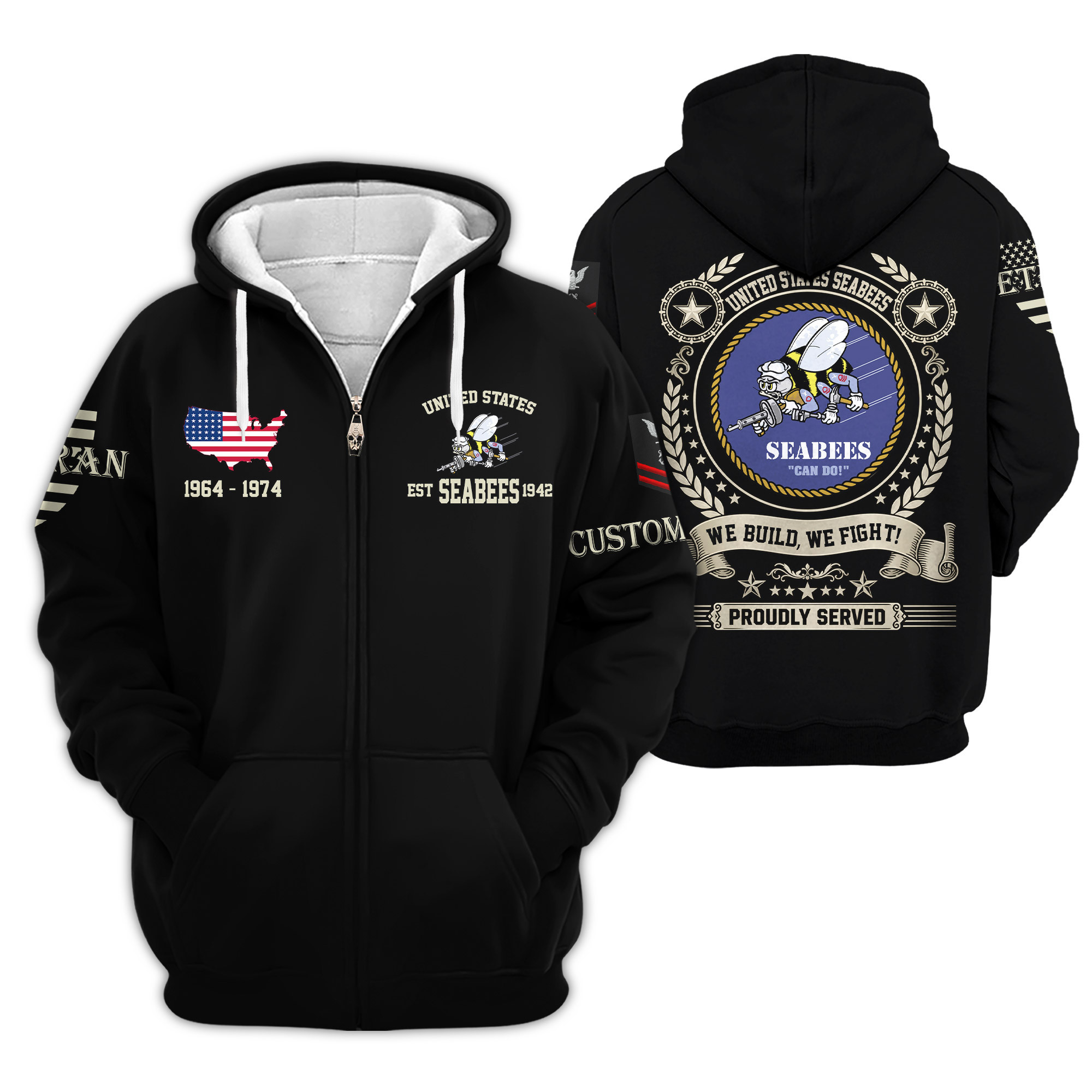 Premium Custom US Seabees Zip Up Hoodie VPVC609289, Gifts For Seabees Veteran, Gifts For Veterans Day