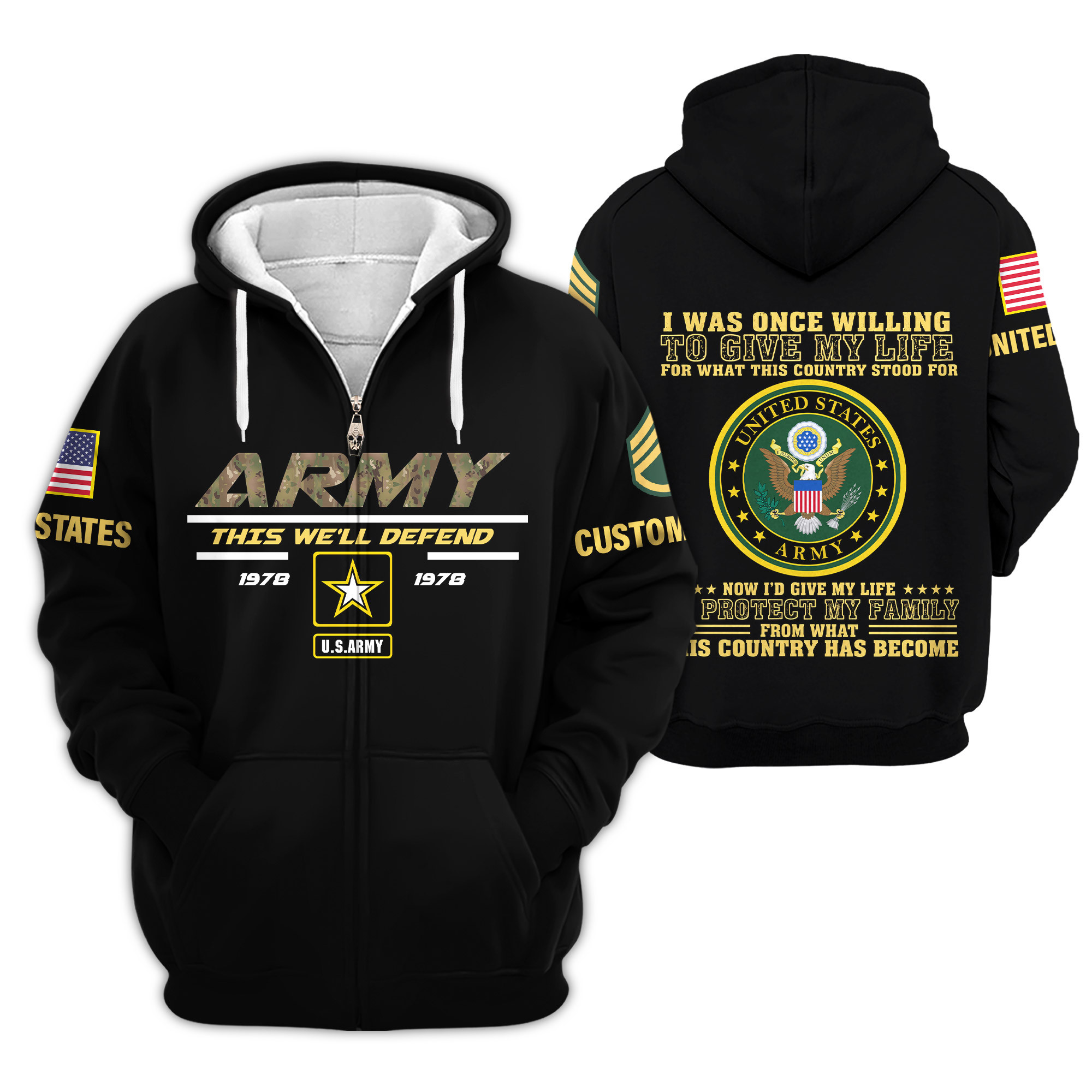 Premium Custom US Army Zip Up Hoodie VPVC609301, Gifts For Army Veteran, Gifts For Veterans Day