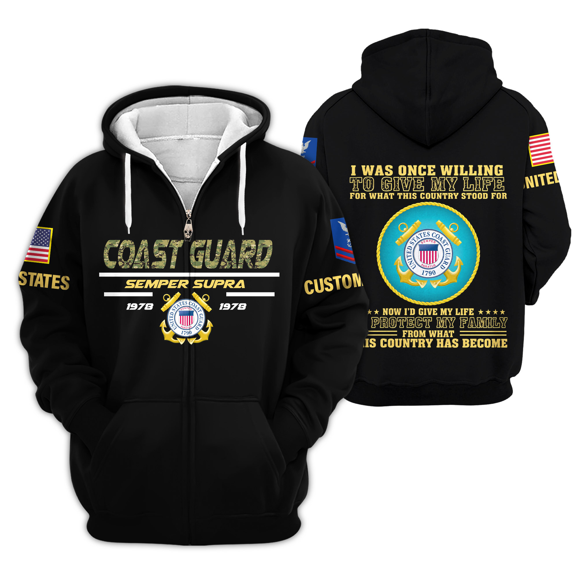 Premium Custom USCG Zip Up Hoodie VPVC609305, Gifts For Coast Guard Veteran, Gifts For Veterans Day