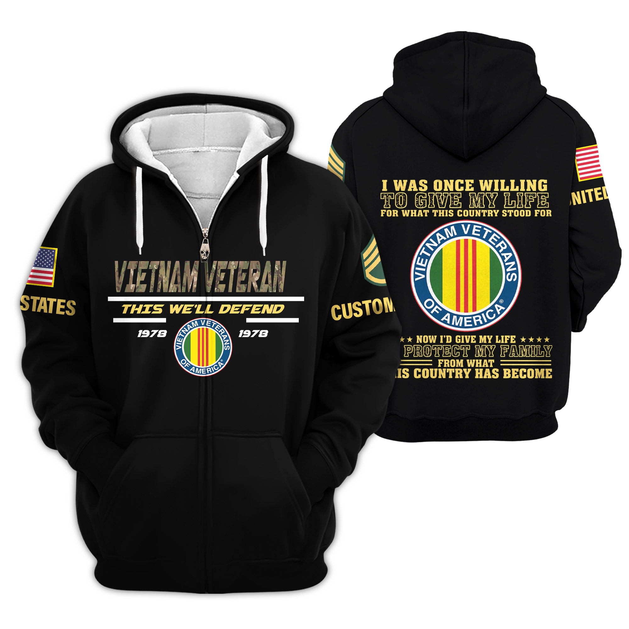 Premium Custom Vietnam Veteran Zip Up Hoodie VPVC609306, Gifts For Vietnam Veteran, Gifts For Veterans Day