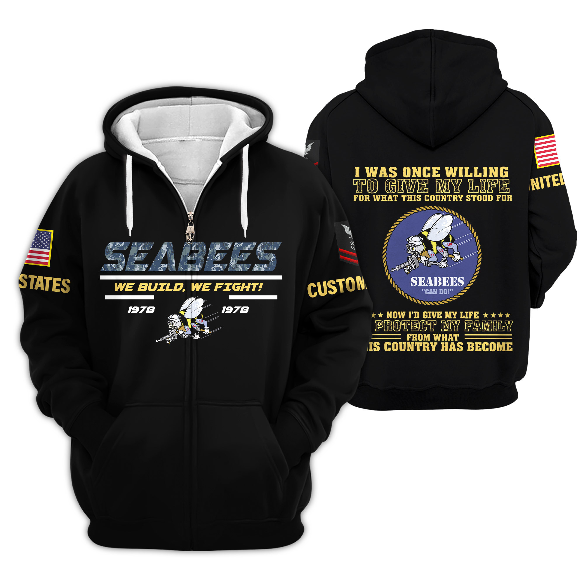 Premium Custom US Seabees Zip Up Hoodie VPVC609309, Gifts For Seabees Veteran, Gifts For Veterans Day